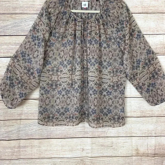 CAbi Sienna Peasant Blouse Floral Sheer Tie Neck - Picture 3 of 11